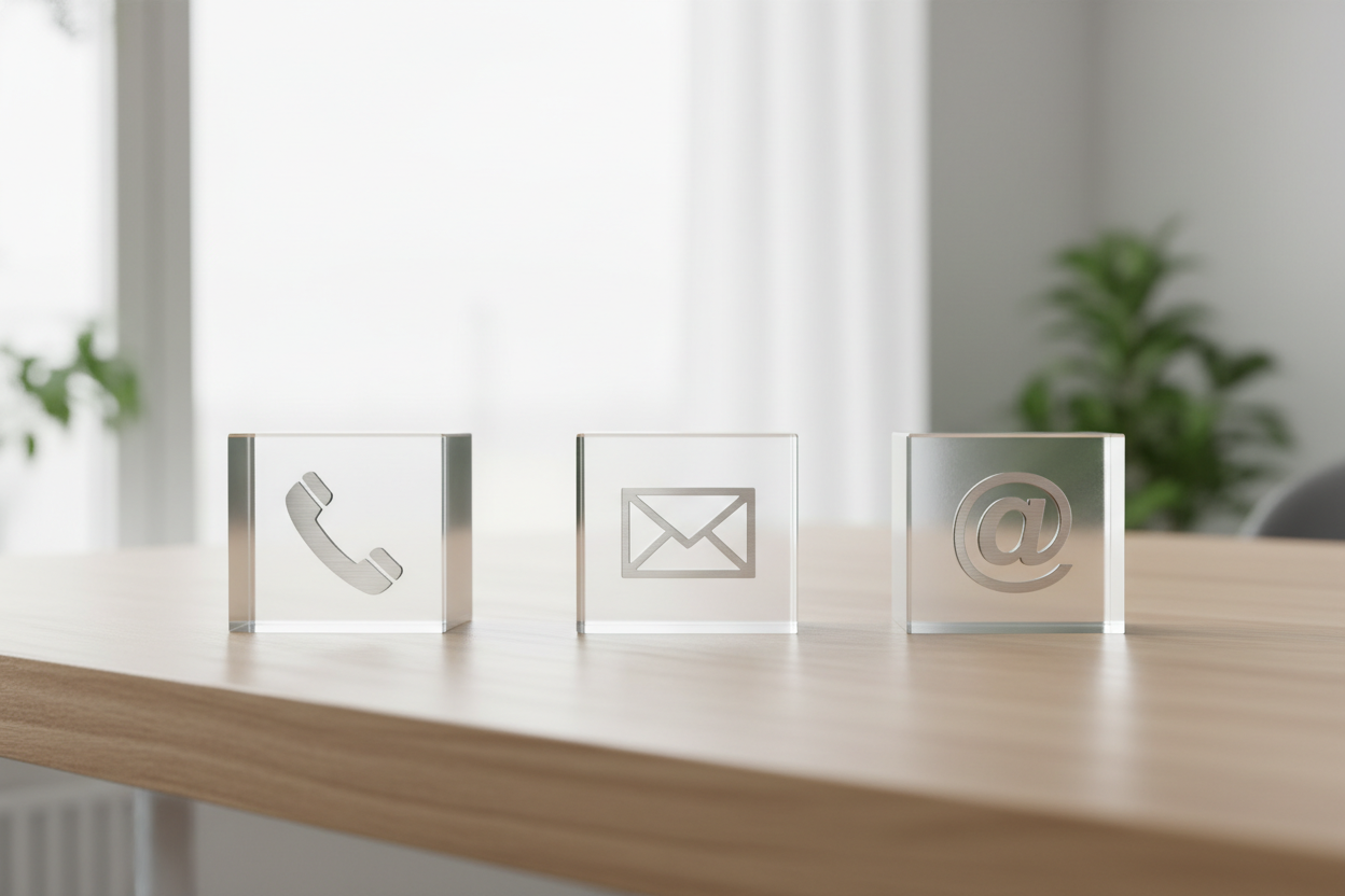 Load video: generate and image for my contact us page that contains three blocks on a desk with the images of a phone, envelope, and @ symbol. Blocks should be displayed in a row on a desk with a light background